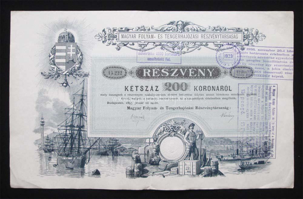 Magyar Folyam- s Tengerhajzsi rszvny 200 korona 1895